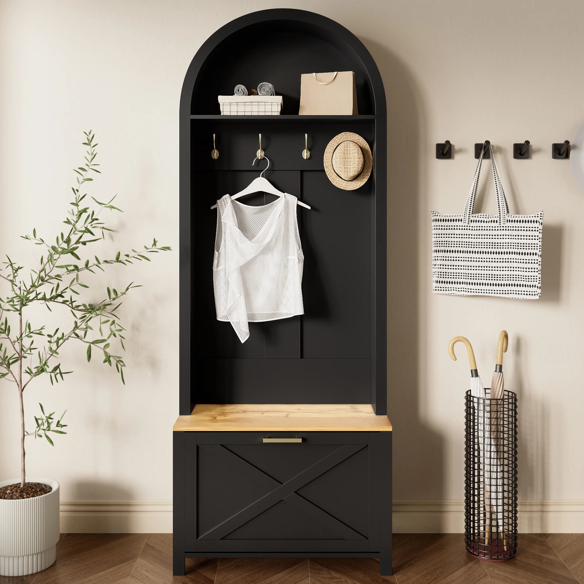 Porte manteau noir moderne avec commode à chaussures