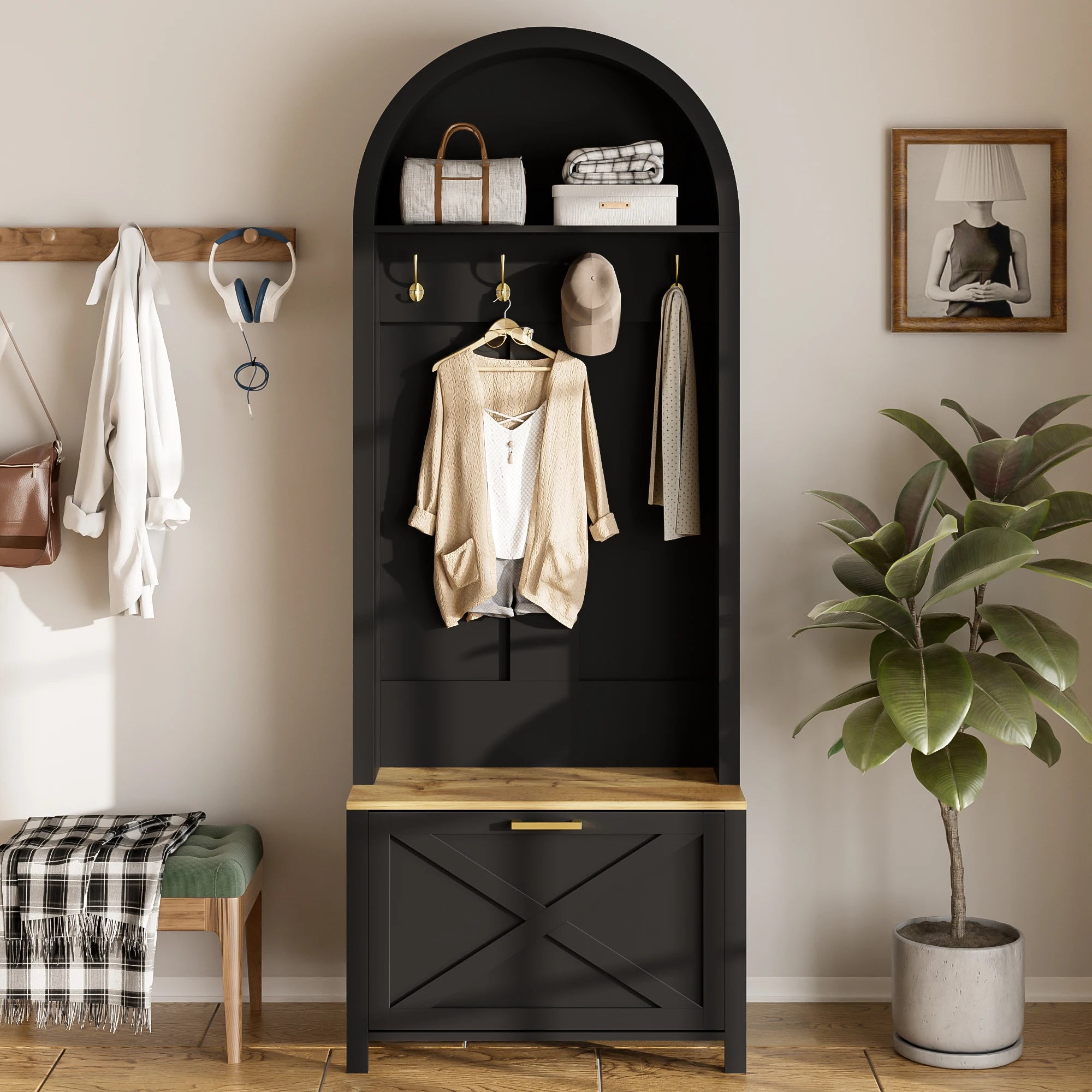Porte manteau noir moderne avec commode à chaussures
