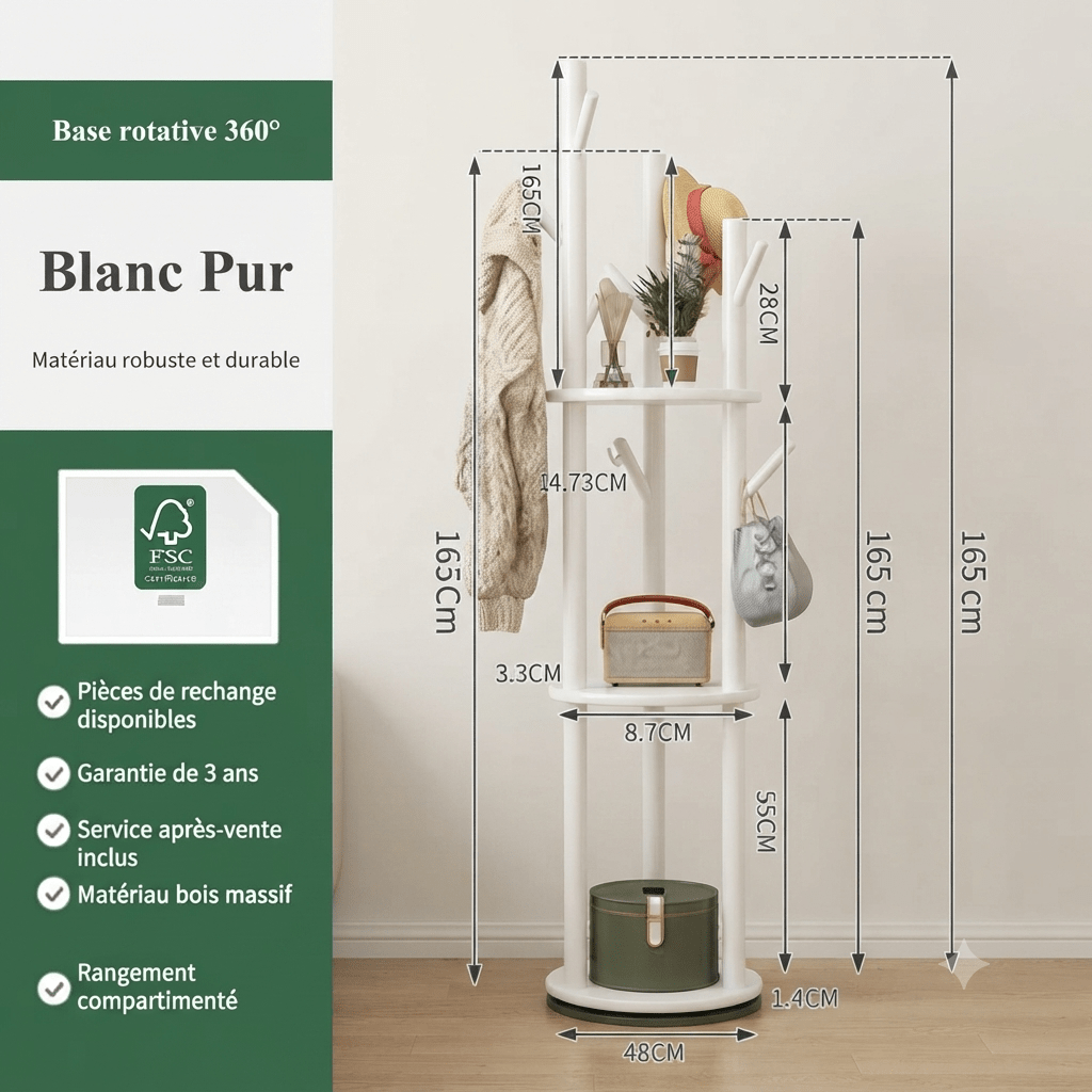 White rotating bamboo coat rack with shelves and hooks, 165cm tall