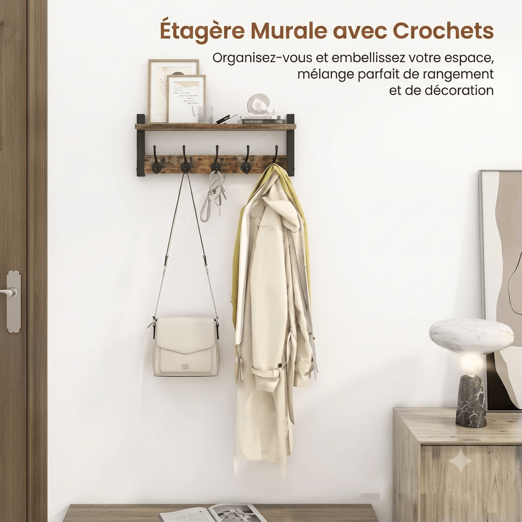 Wall mounted coat rack with shelf and 5 hooks organizing entryway beside wooden door