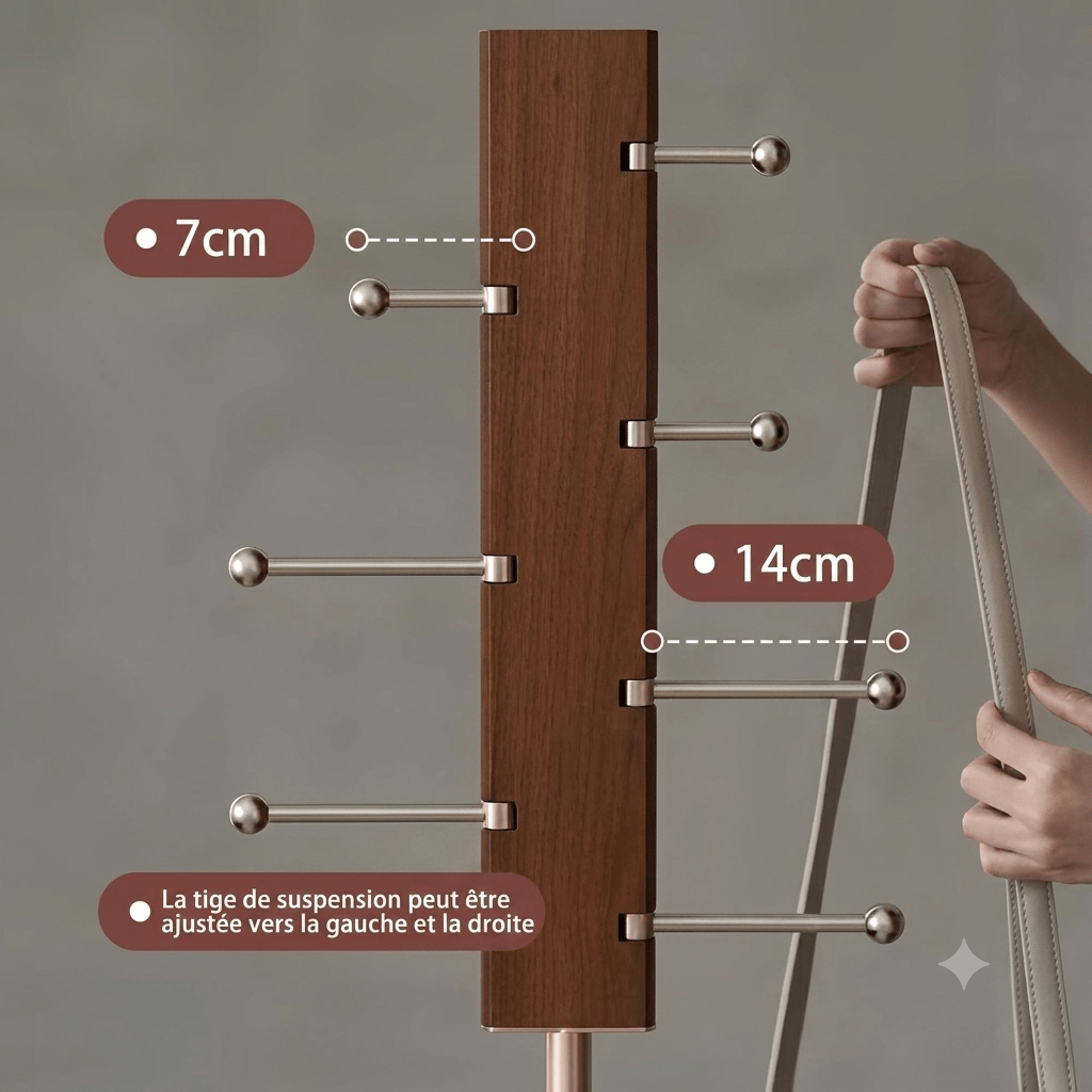 Close-up of adjustable dark oak panel with spaced stainless steel suspension hooks