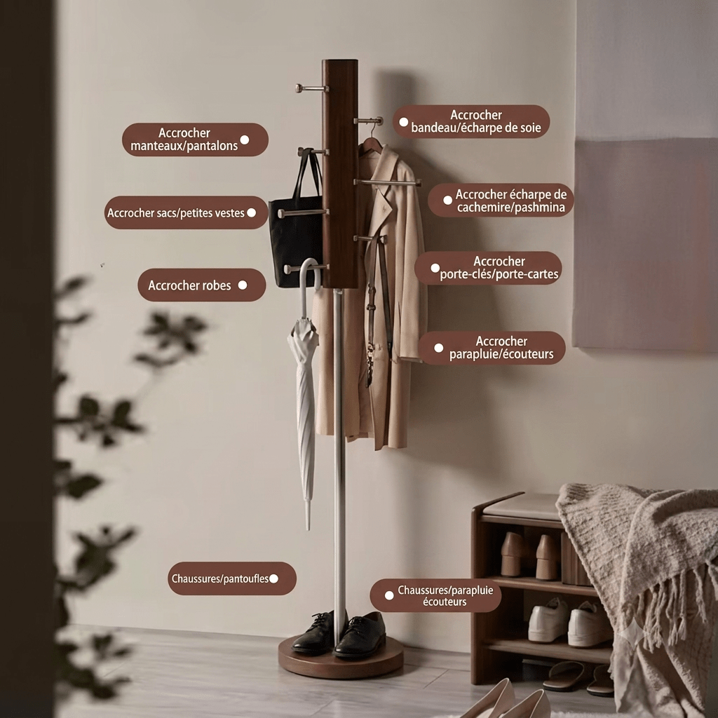 Solid oak and metal coat rack in entryway holding coats, scarves, and umbrellas