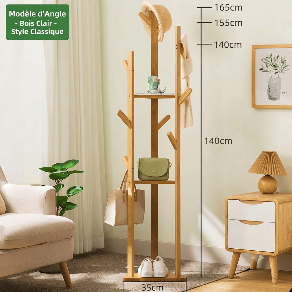 Light wood corner coat rack holding hat, scarf, and shoes