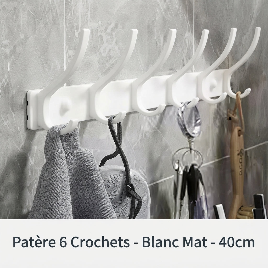 White matte 6-hook folding wall coat rack on marble tile