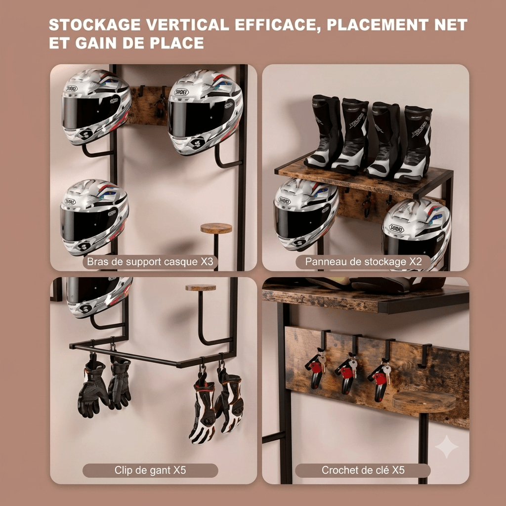 Vertical storage rack with three helmet arms, glove clips, and key hooks for garage organization