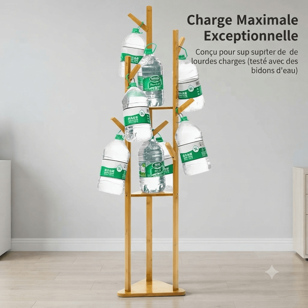 Heavy duty bamboo coat rack demonstrating high weight capacity
