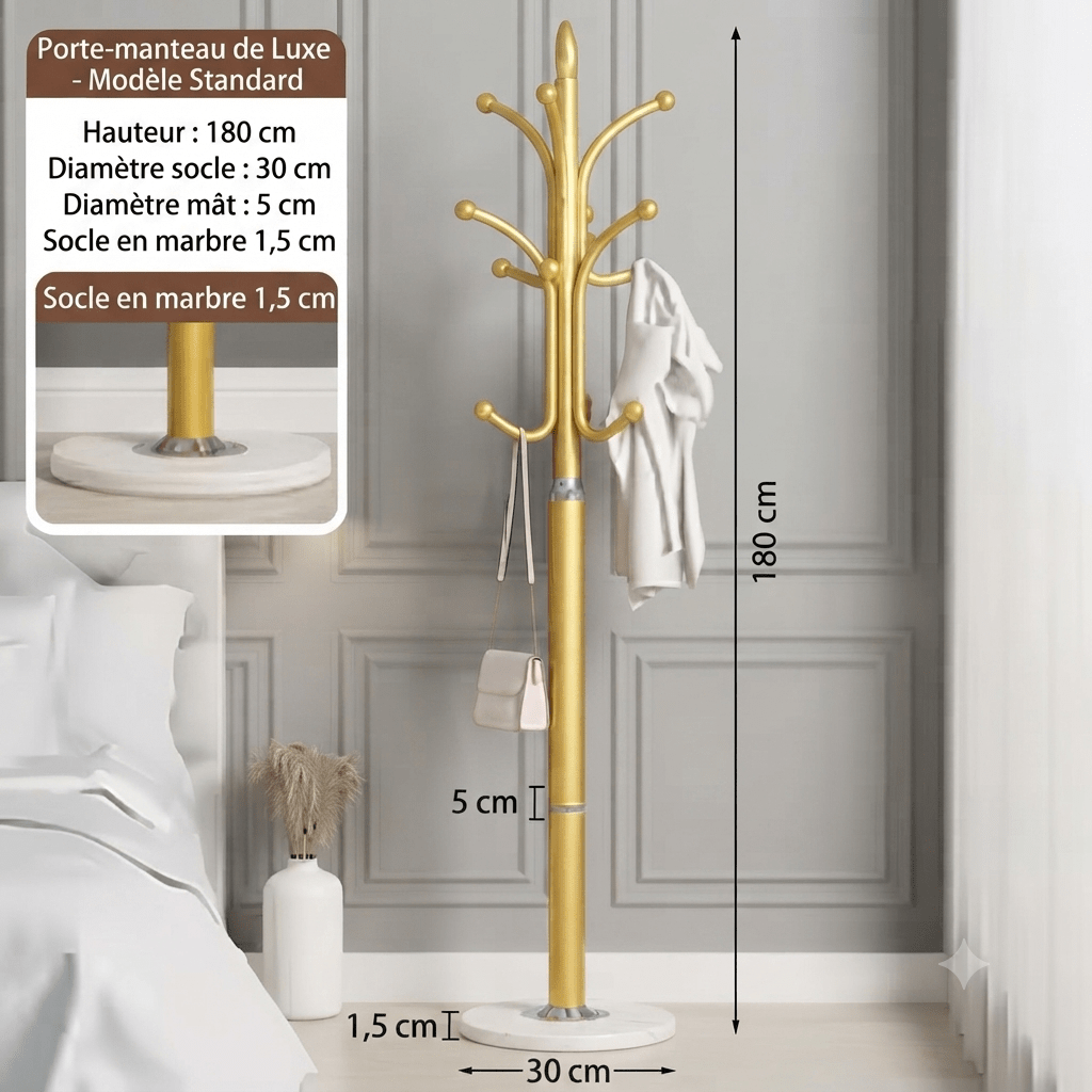 Gold luxury metal coat rack with white marble base and spherical tips
