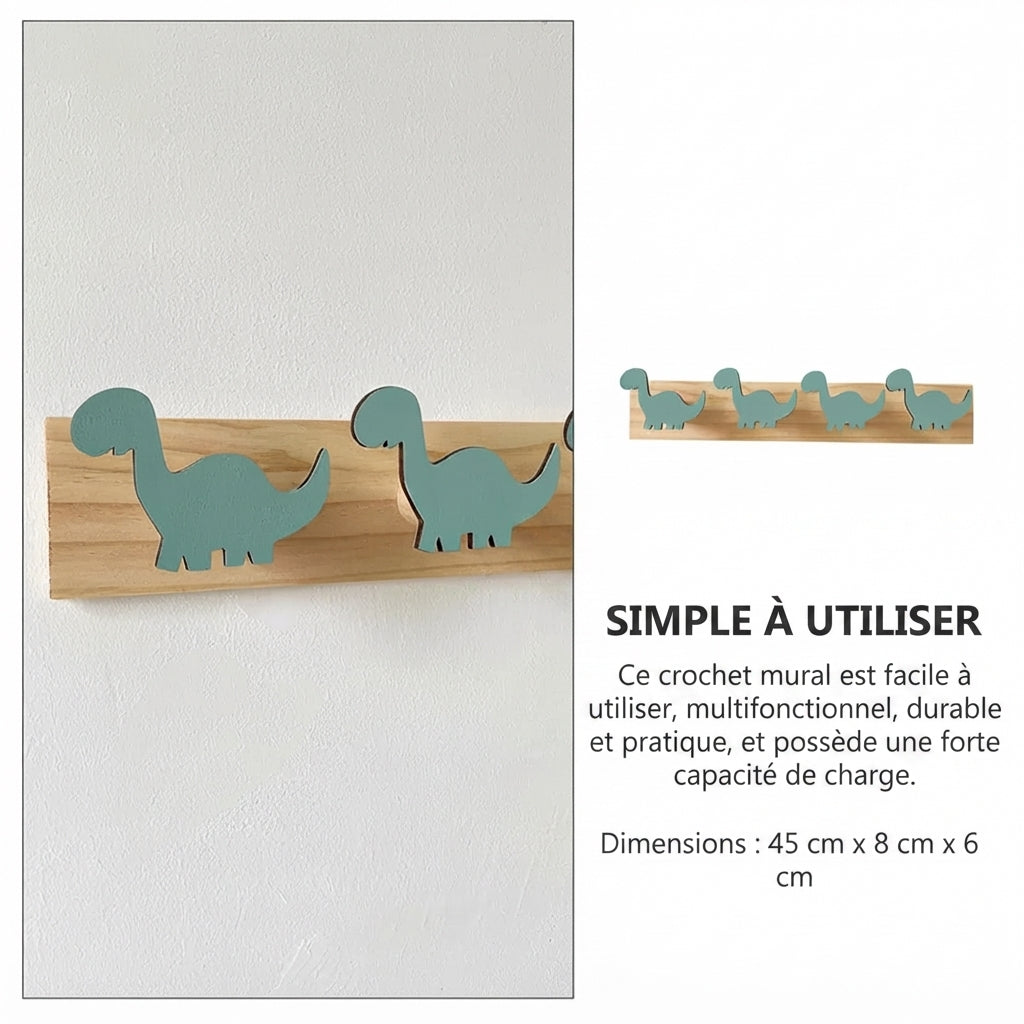 Porte manteau mural en bois motif dinosaure pour enfants
