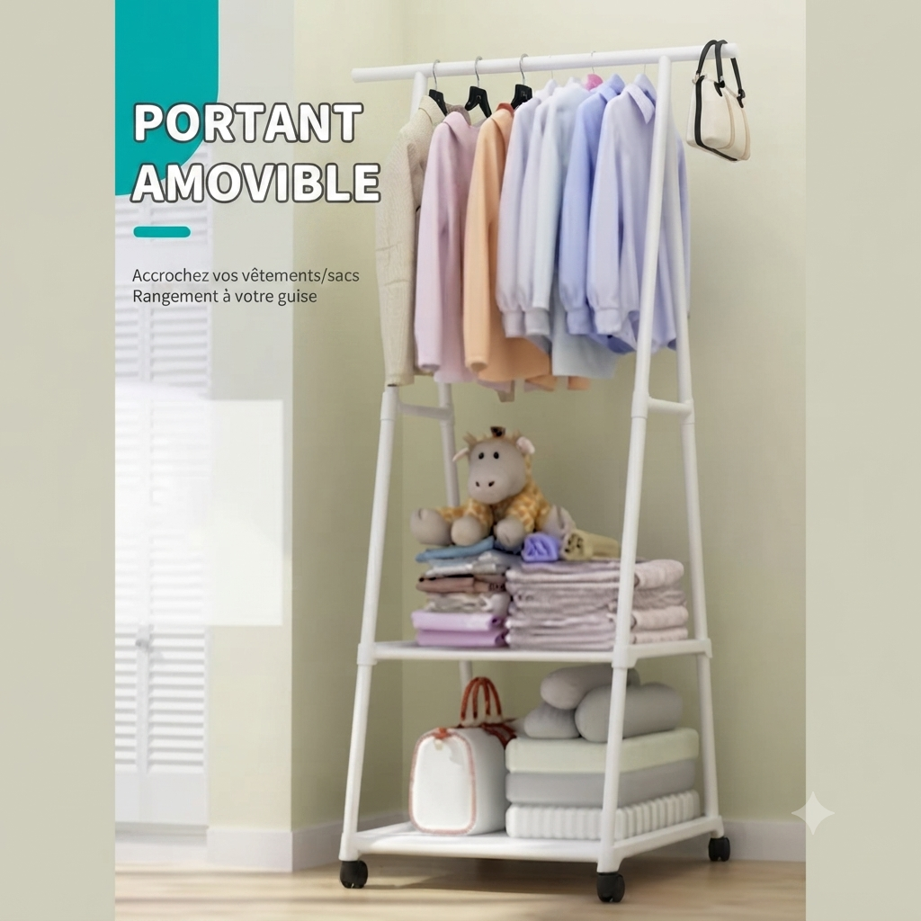 Porte manteau enfant triangle à roulettes avec étagères