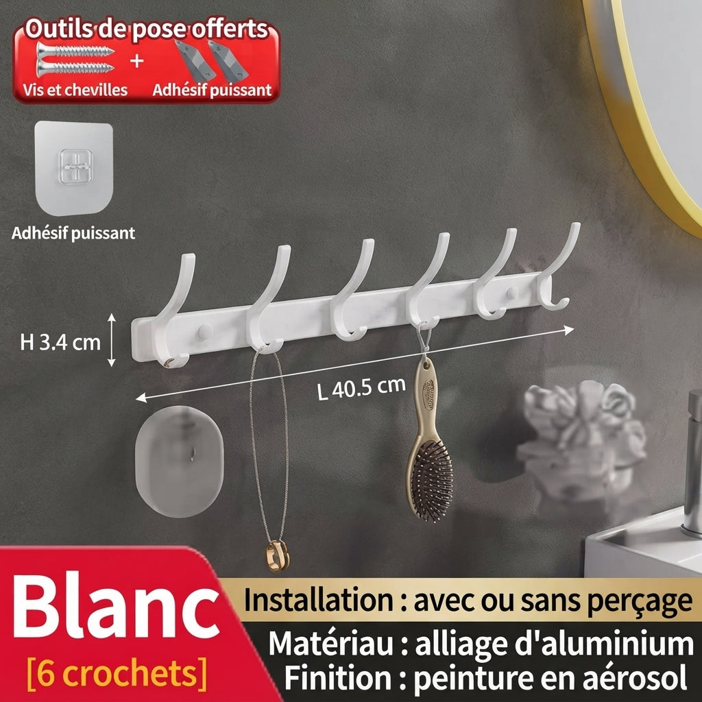White six-hook aluminum wall rack with necklace and brush, no-drill installation