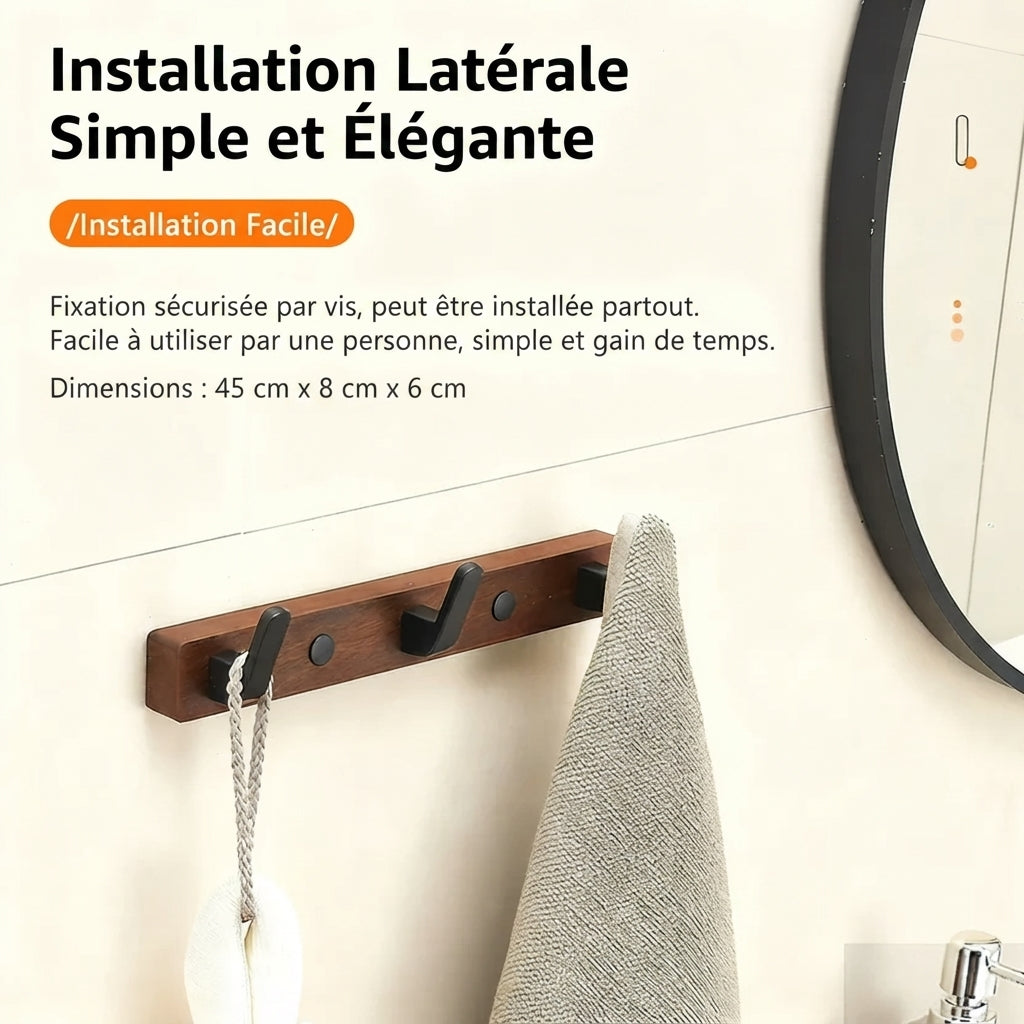 Porte manteau mural en bois marron crochets en métal noir
