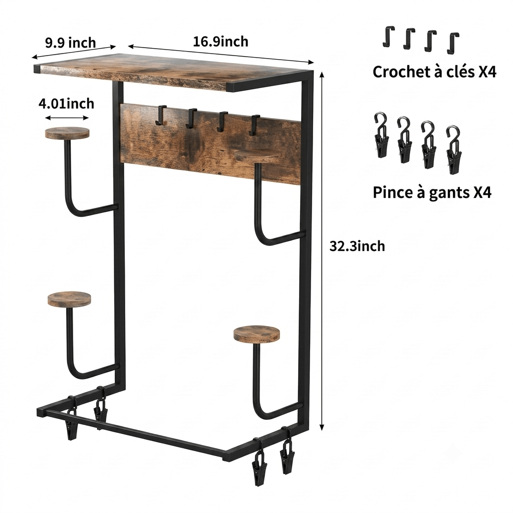 32-inch industrial wall rack with wood panels, four helmet arms, and multiple hook options