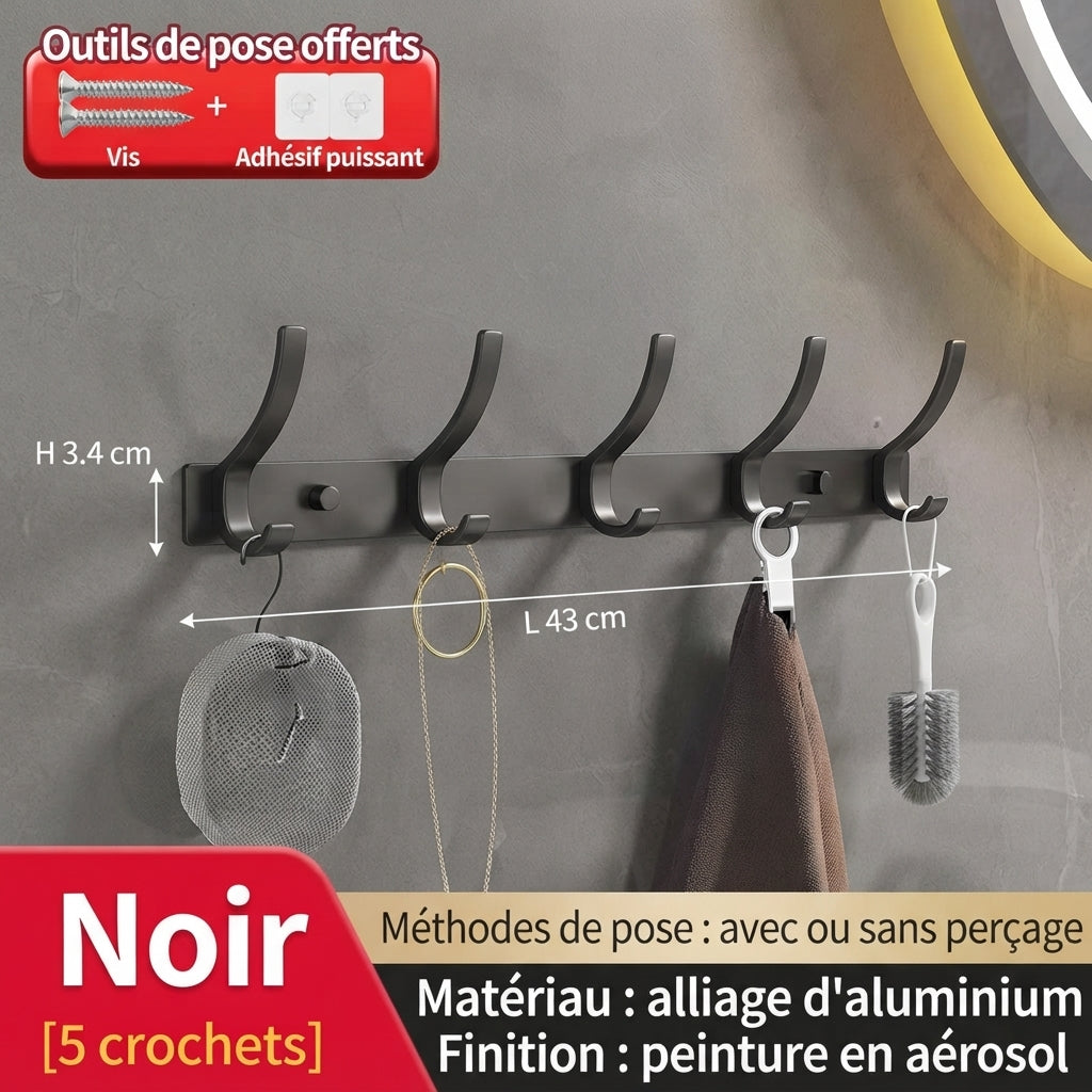 Black 5-hook aluminum wall coat rack for entryway organization