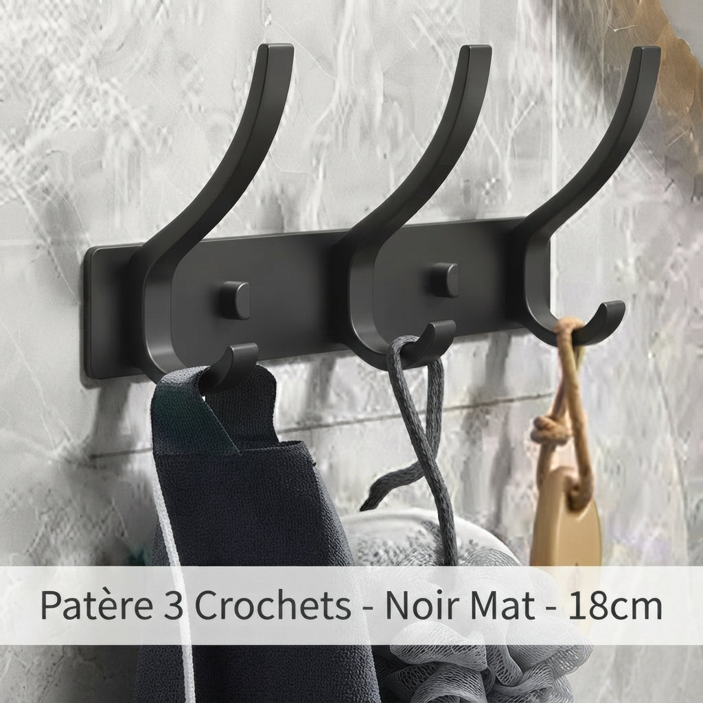 Matte black 3-hook aluminum coat rack holding towel and jute rope