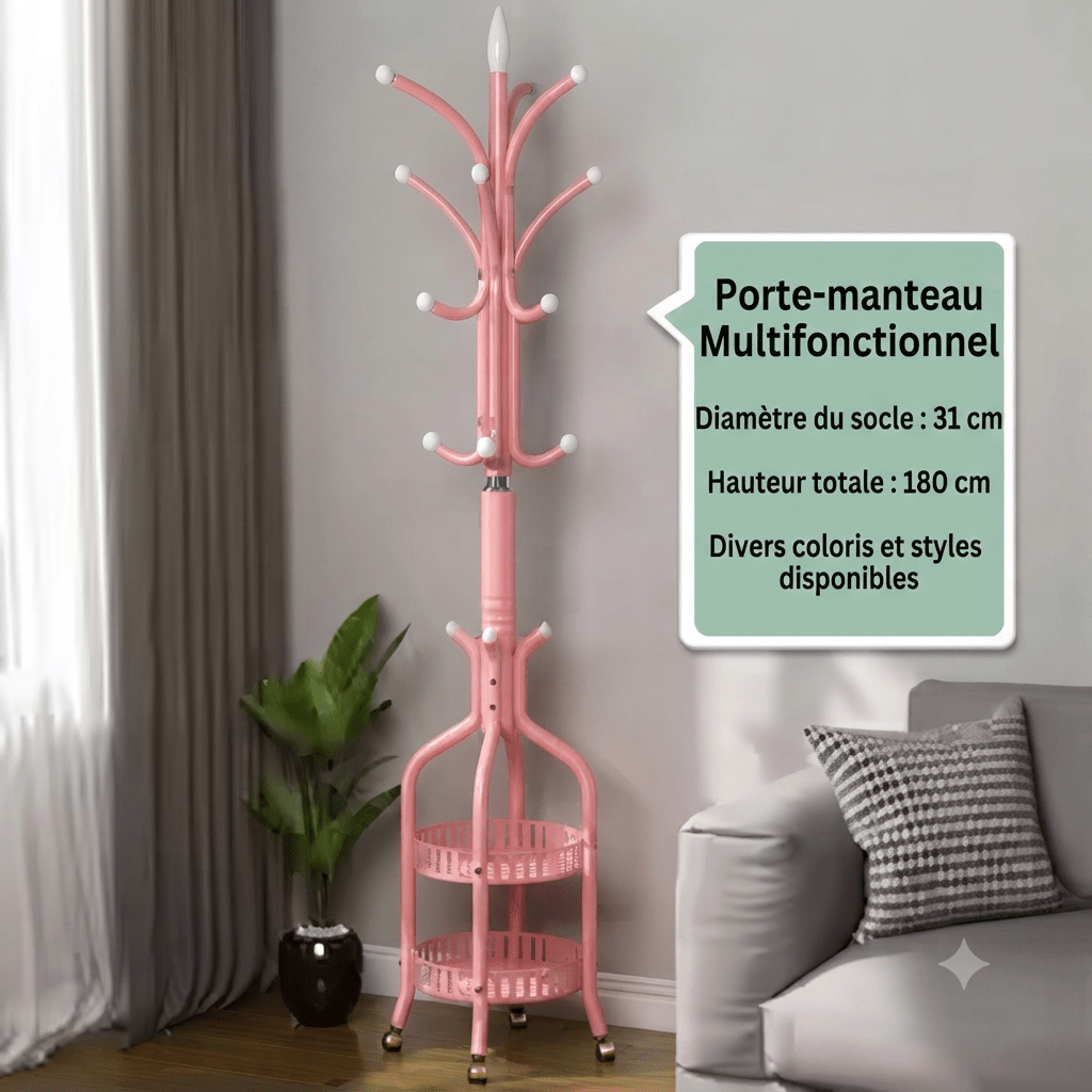 Pink metal tree coat rack with two slatted storage shelves and white hook caps