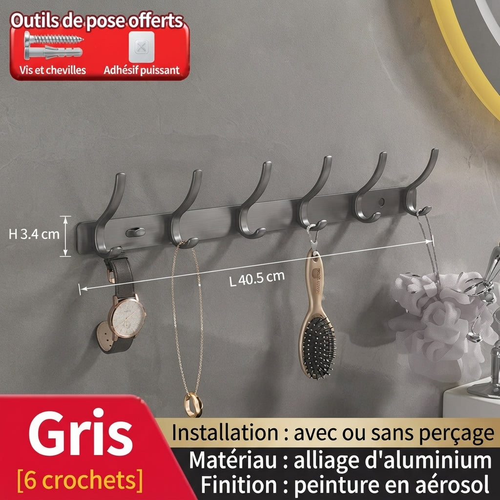 Matte grey 6-hook aluminum wall hook rack