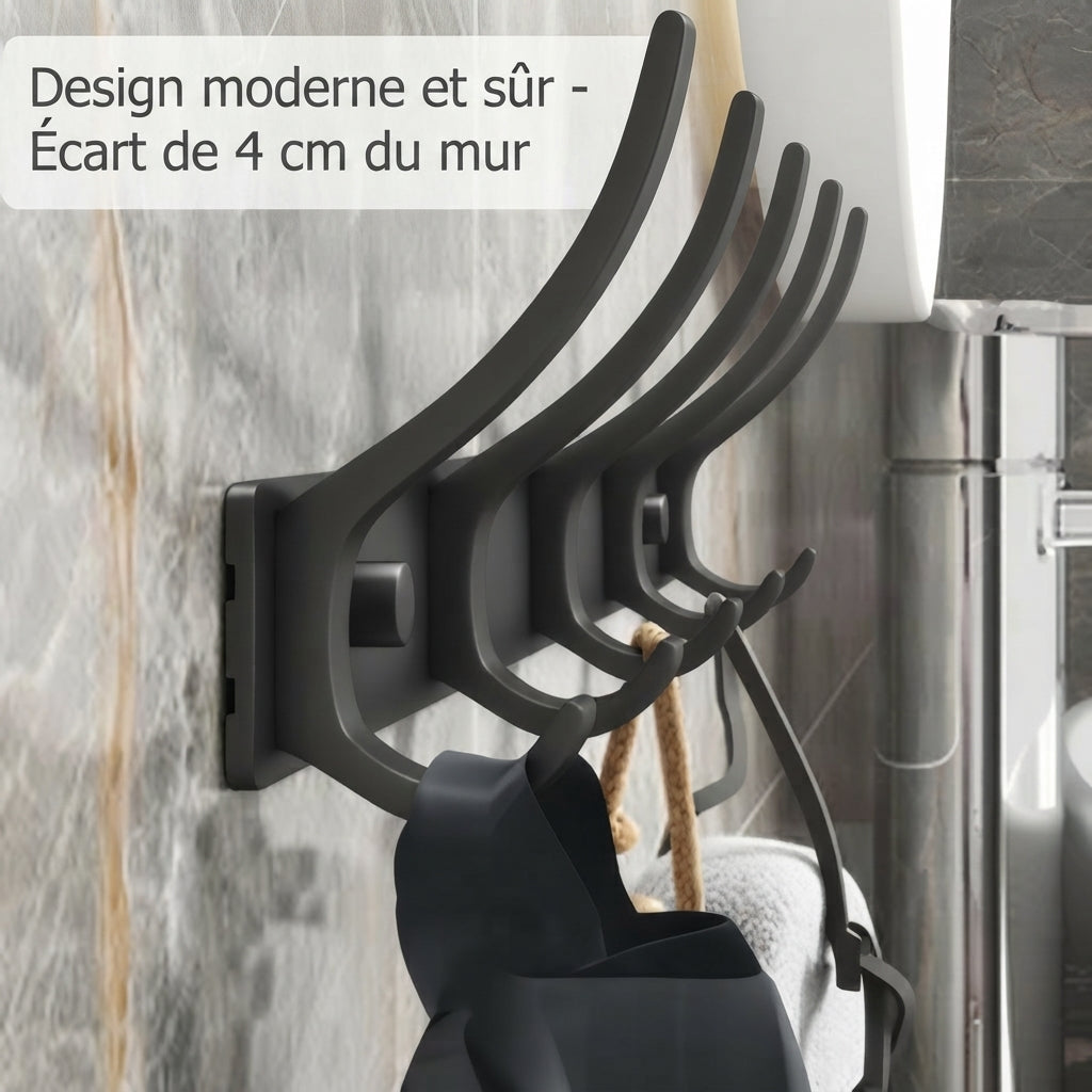 Matte black 4-hook coat rack with modern design and 4cm wall clearance