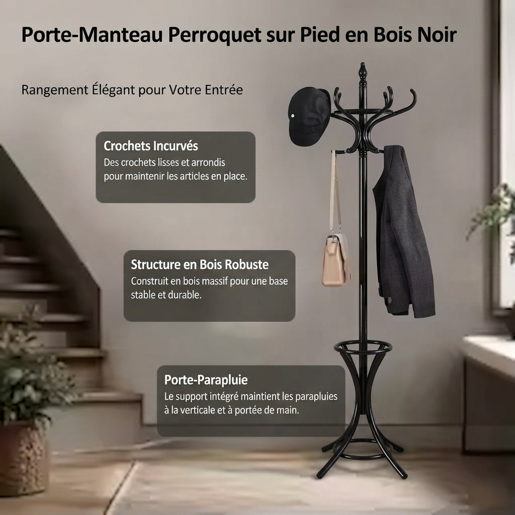 Porte manteau perroquet en bois 12 crochets et range parapluie