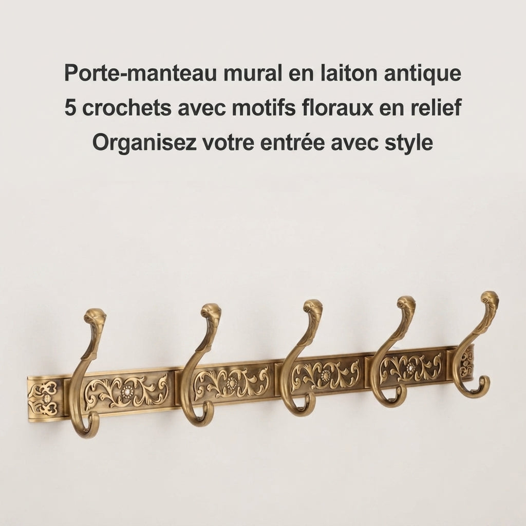 Antique brass wall hook rack with raised floral motifs