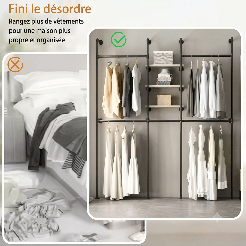 Rangement dressing industriel mural pour organiser vêtements et accessoires
