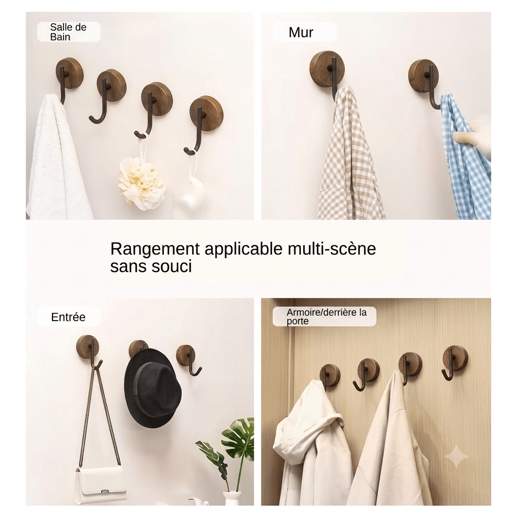 Multi-scene wooden adhesive hooks for bathroom towels and entryway storage