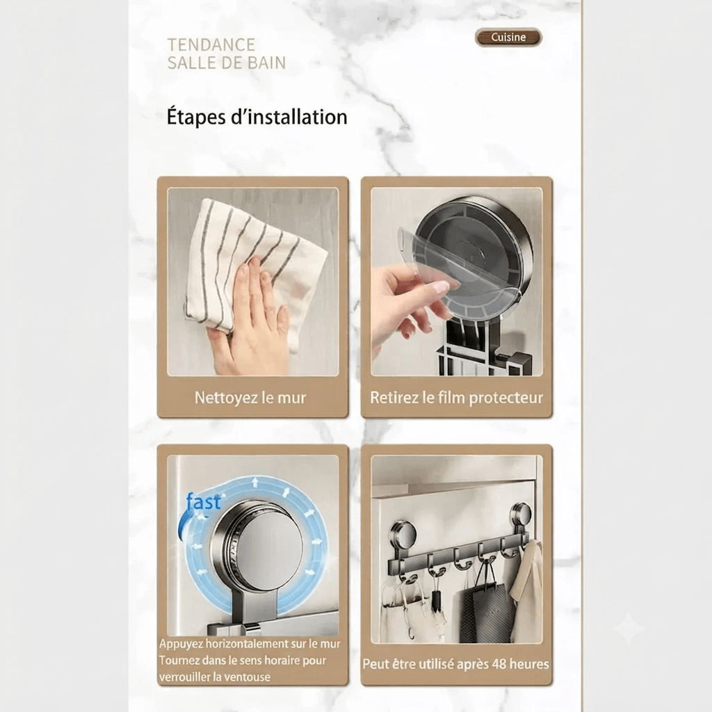 Four-step installation guide for adhesive bathroom coat rack showing cleaning and suction setup