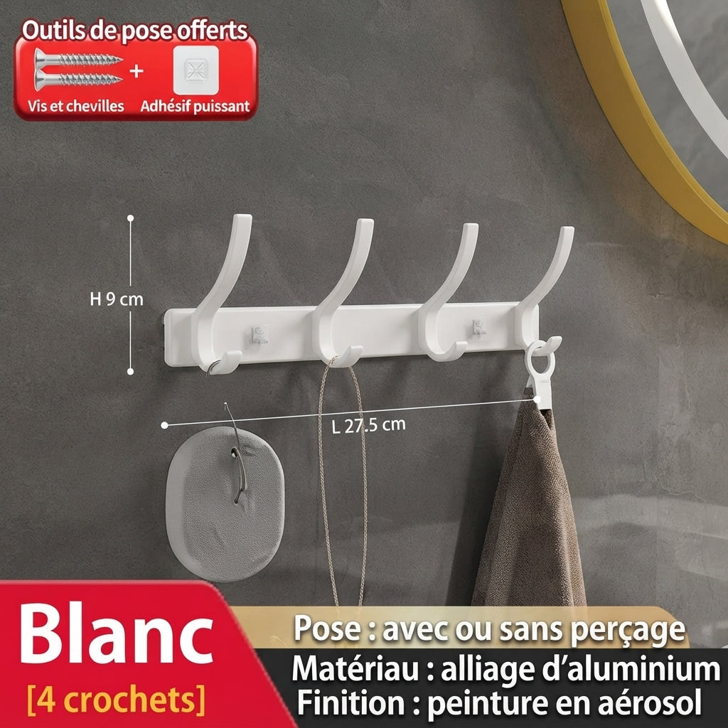 White 4-hook wall rack with rounded aluminum hooks