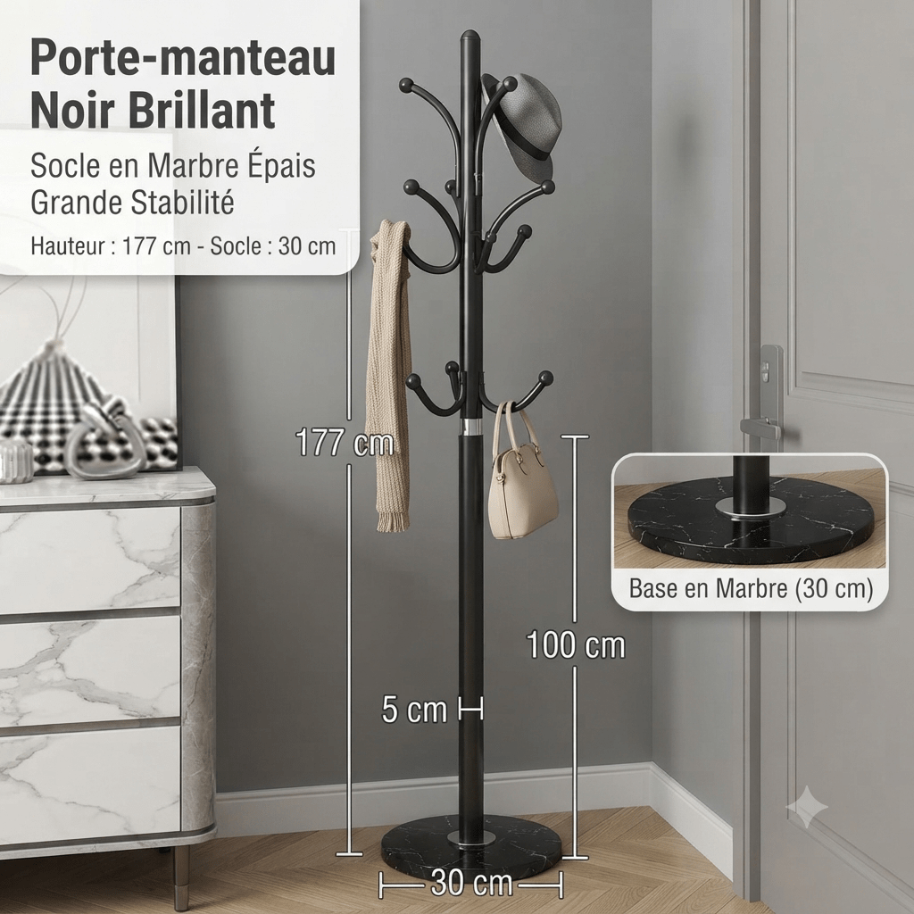 Black glossy branch-style coat rack with white veined marble base