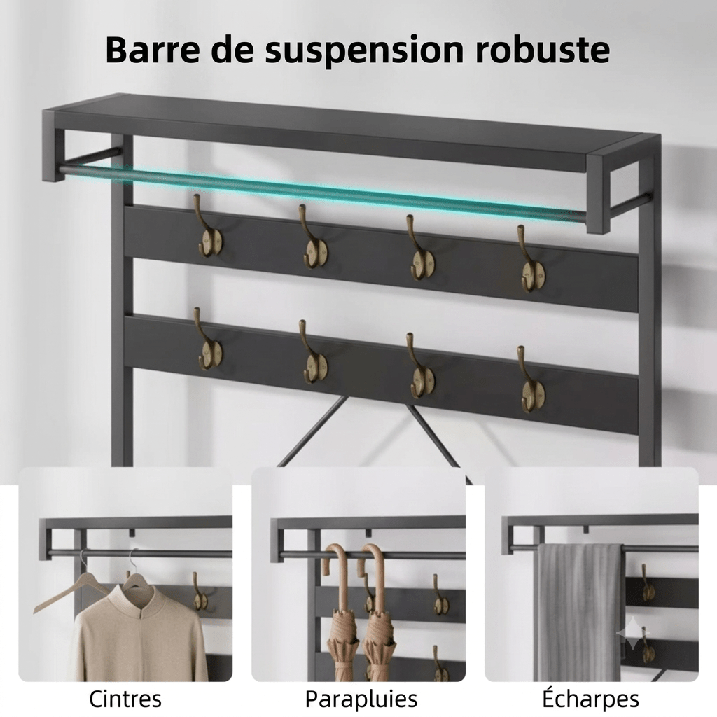 Porte manteau industriel avec banc à chaussures en métal et bois, 8 crochets et tringle de suspension