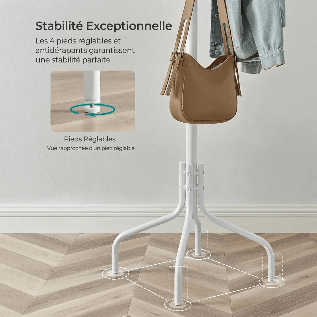 White metal parrot coat rack with adjustable anti-slip feet for stability