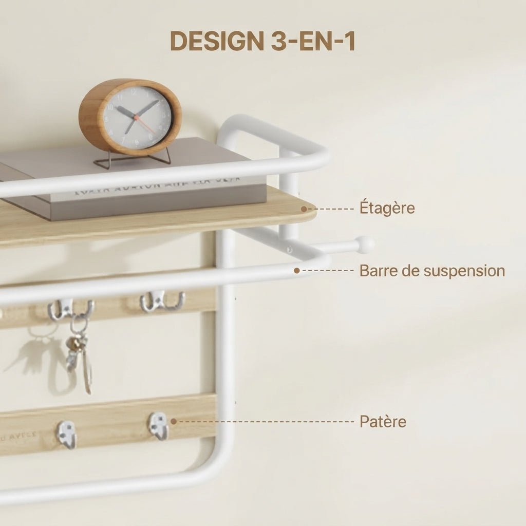 Porte manteau design 3-en-1 étagère barre patères mural