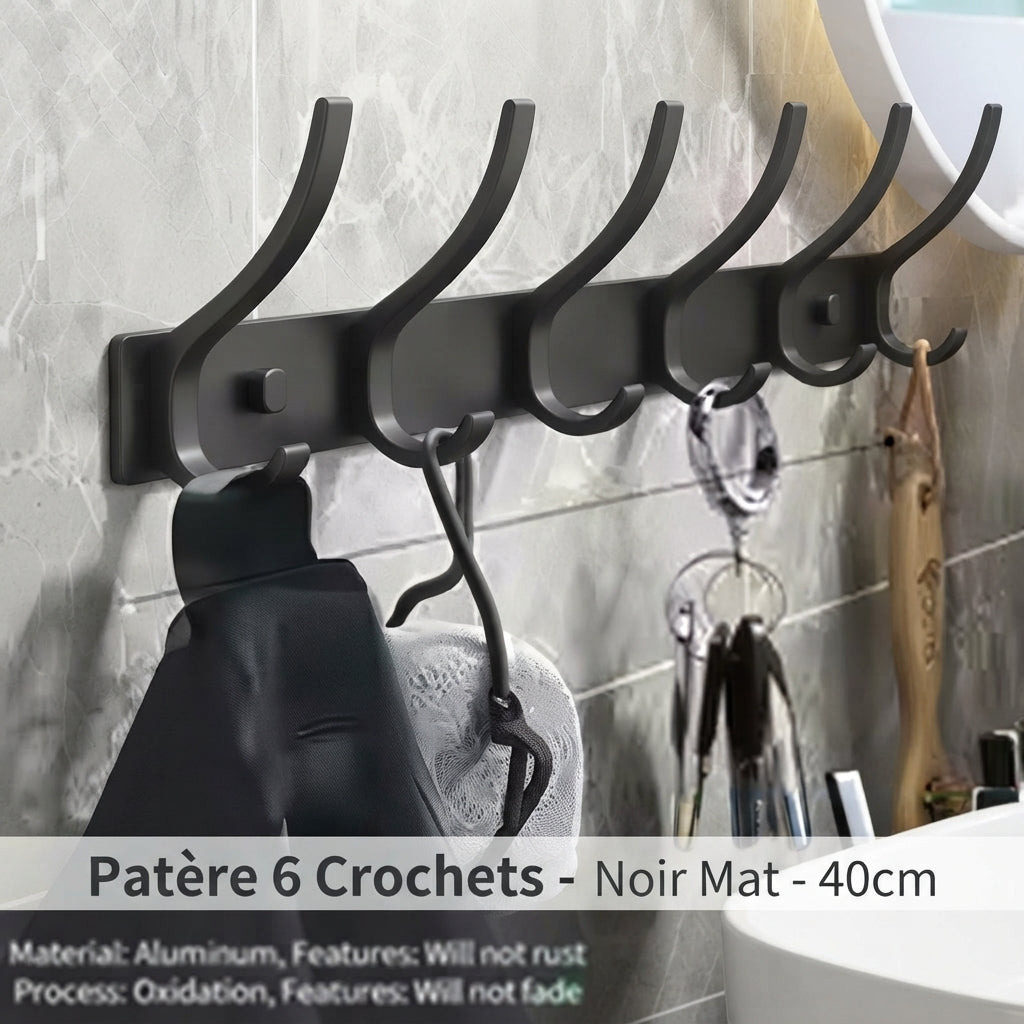 Matte black 6-hook aluminum coat rack with oxidation fade-resistant finish