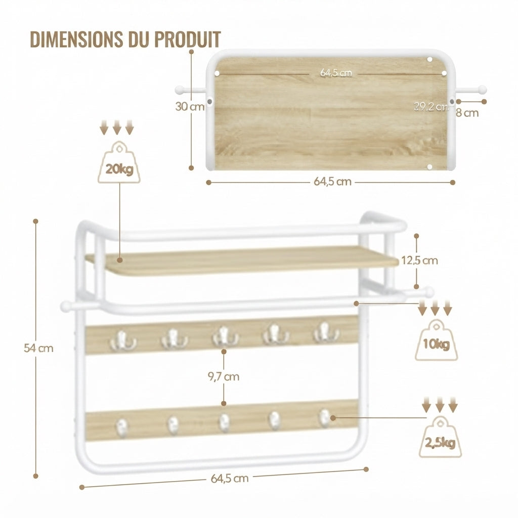 Porte manteau étagère dimensions techniques cadre blanc bois