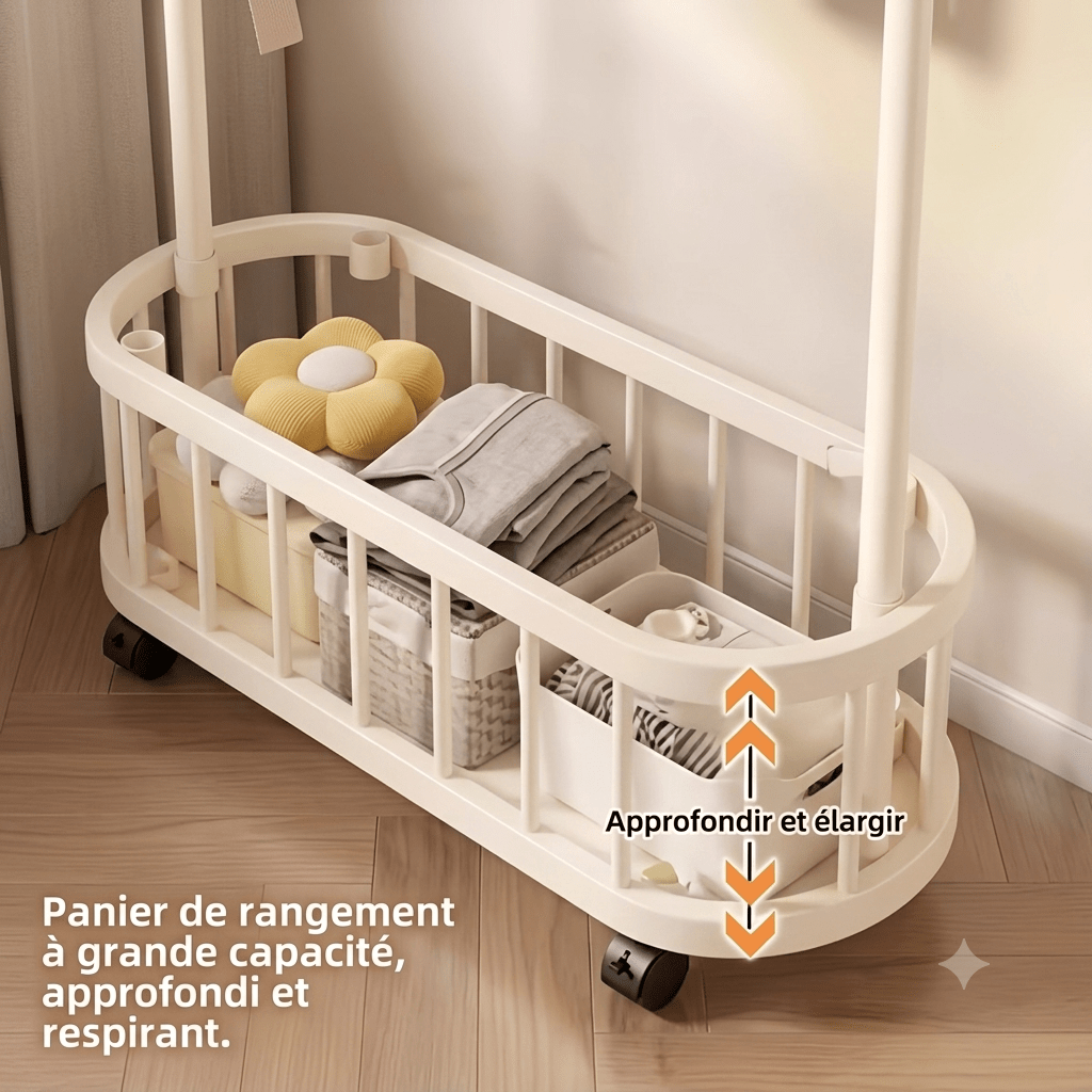 Porte manteau sur roulettes avec grand panier de rangement