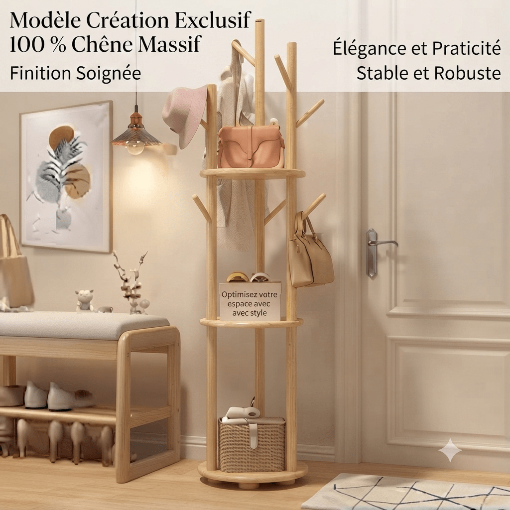 Exclusive solid oak rotating coat rack with organized entryway styling