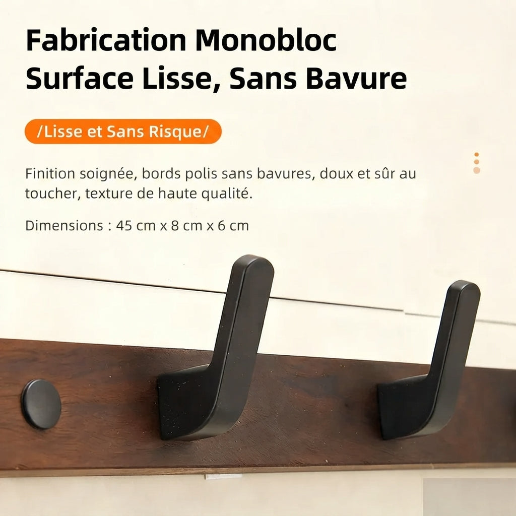 Porte manteau mural en bois marron crochets en métal noir