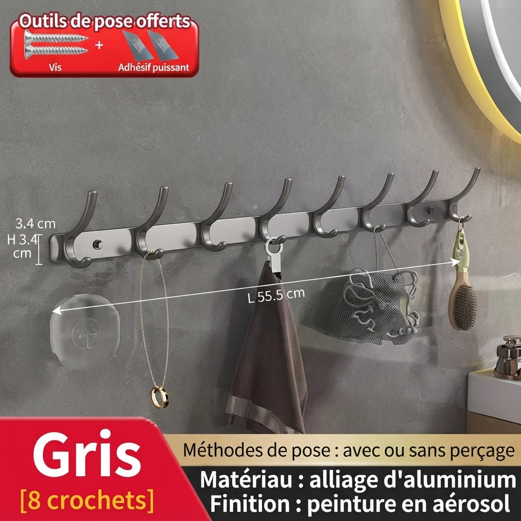 Grey 8-hook aluminum wall coat rack with matte finish