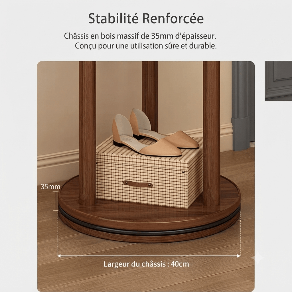 Base renforcée 35mm en bois massif pour stabilité porte-manteau