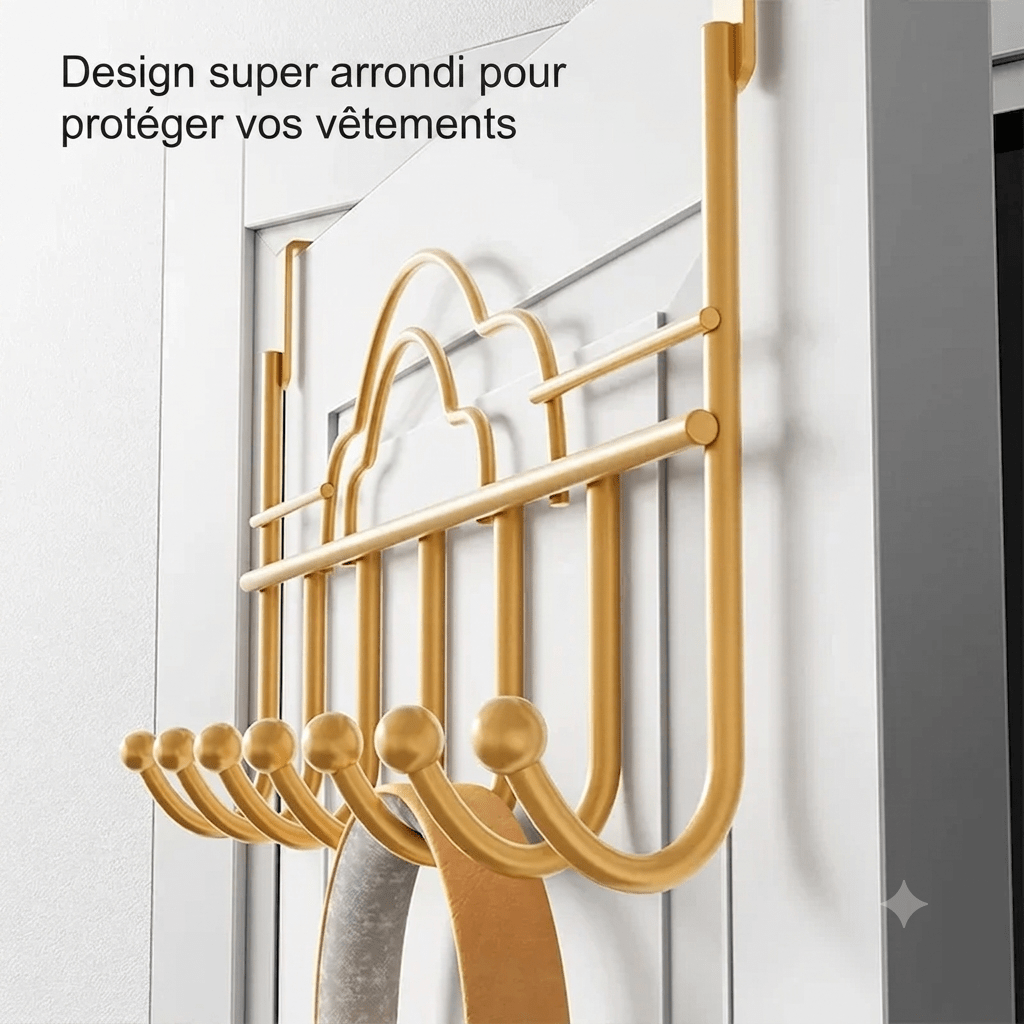 Gold over-door coat rack with rounded cloud hooks to protect clothes