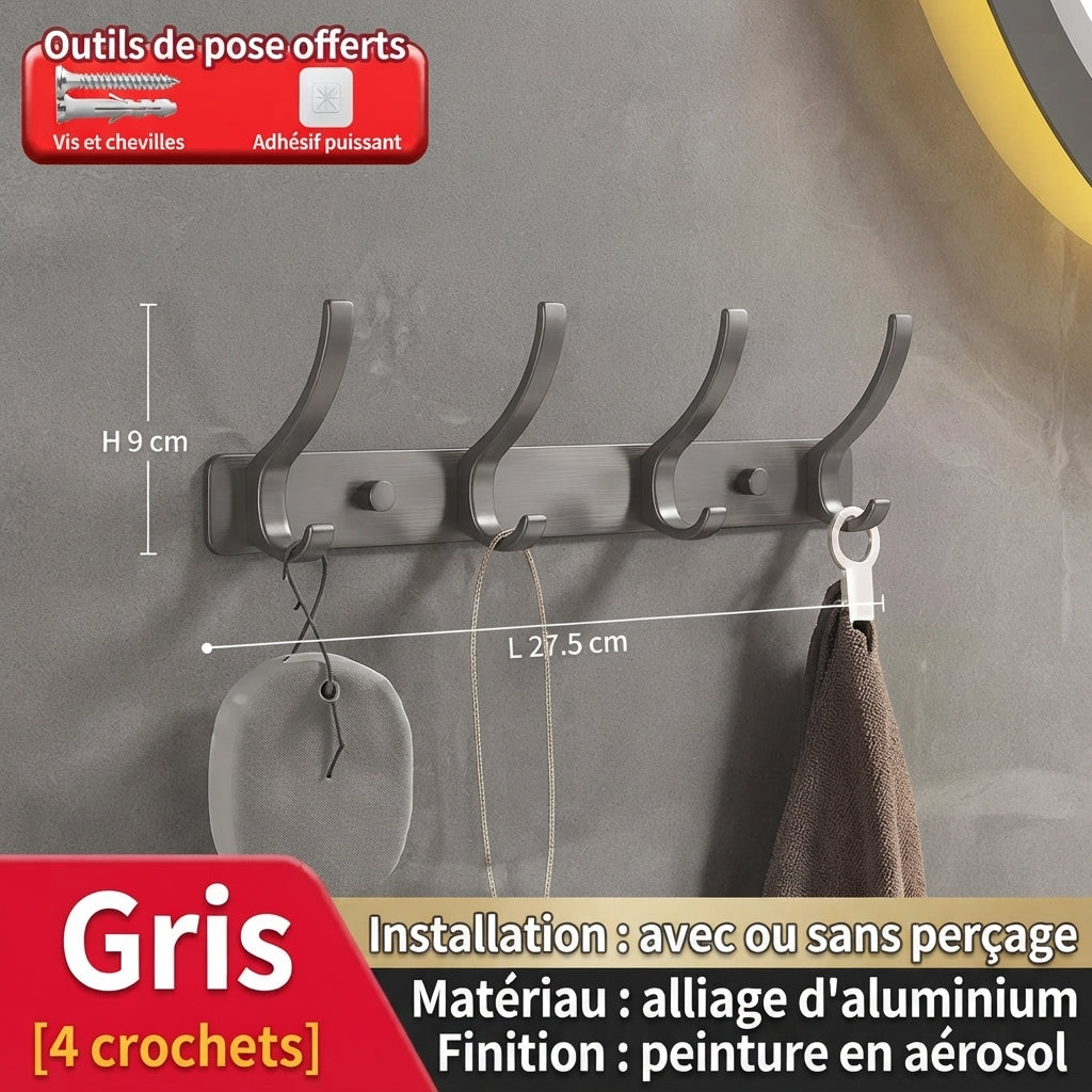 Grey four-hook metal wall rack with loofah and towel, includes free tools