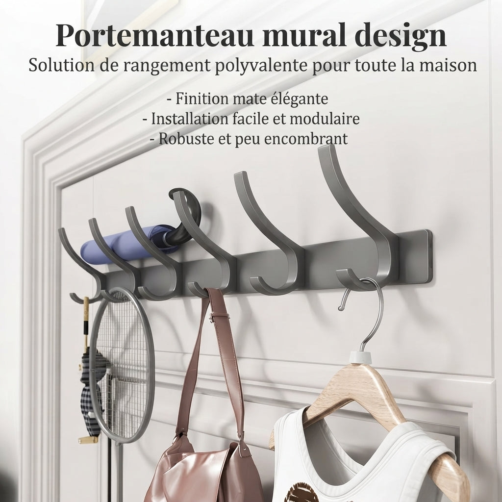 Grey 5-hook design wall rack holding umbrella and bag