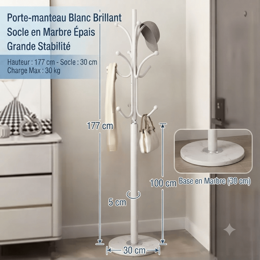 White glossy rotating coat rack with marble base for hallway organization
