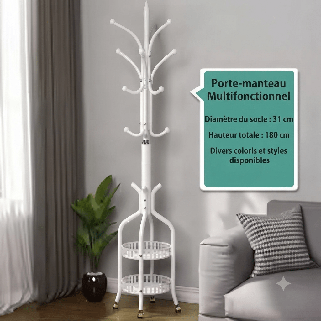 White multifunctional coat stand with dual circular shelves and gold-tipped legs