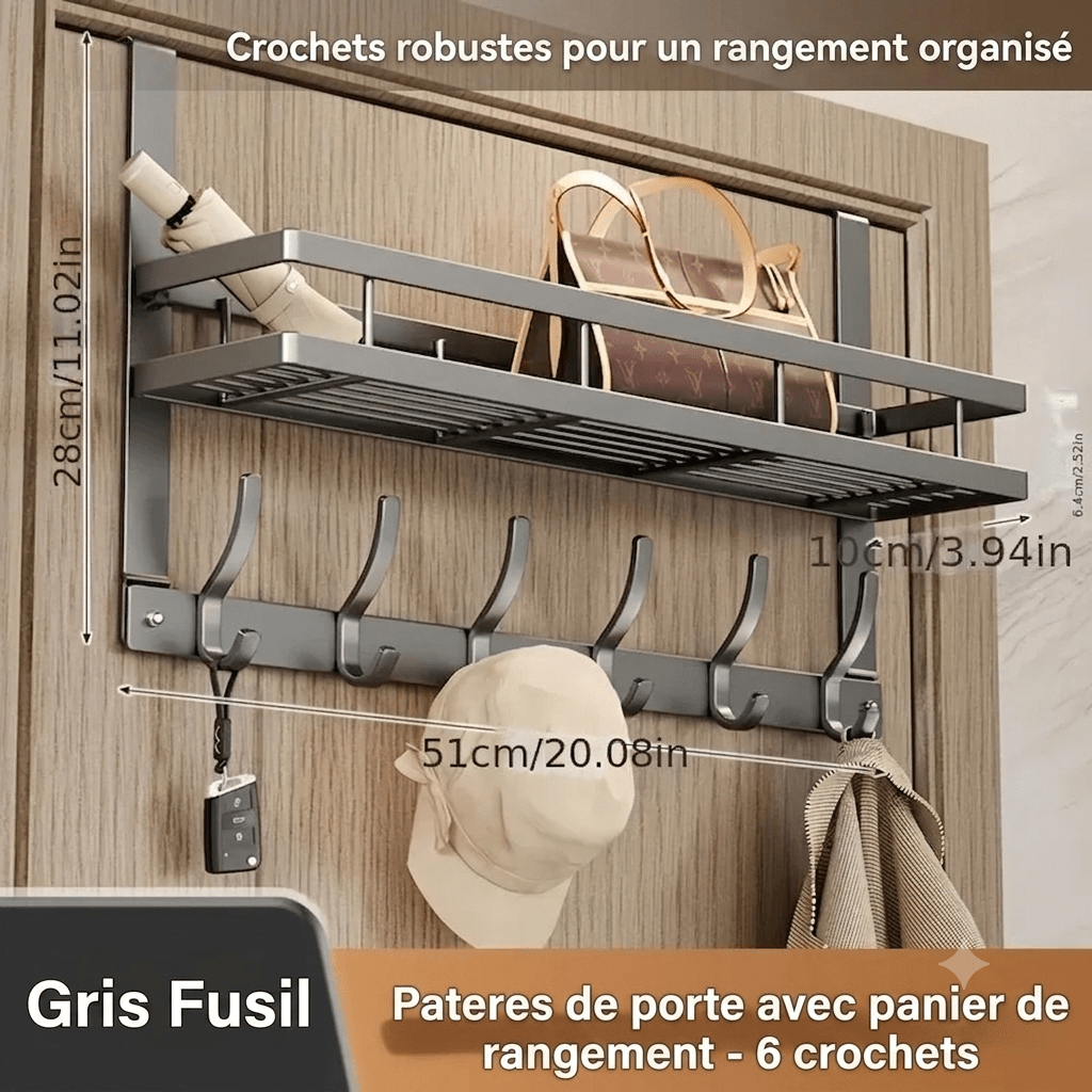 Grey fusil metal over-the-door rack with double shelf and 6 curved hooks
