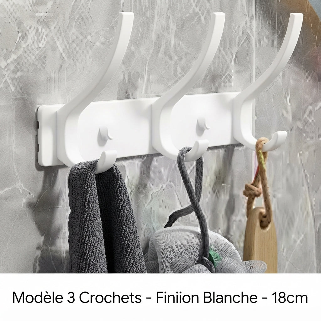 White 3-hook matte coat rack holding towel, sponge, and wooden brush