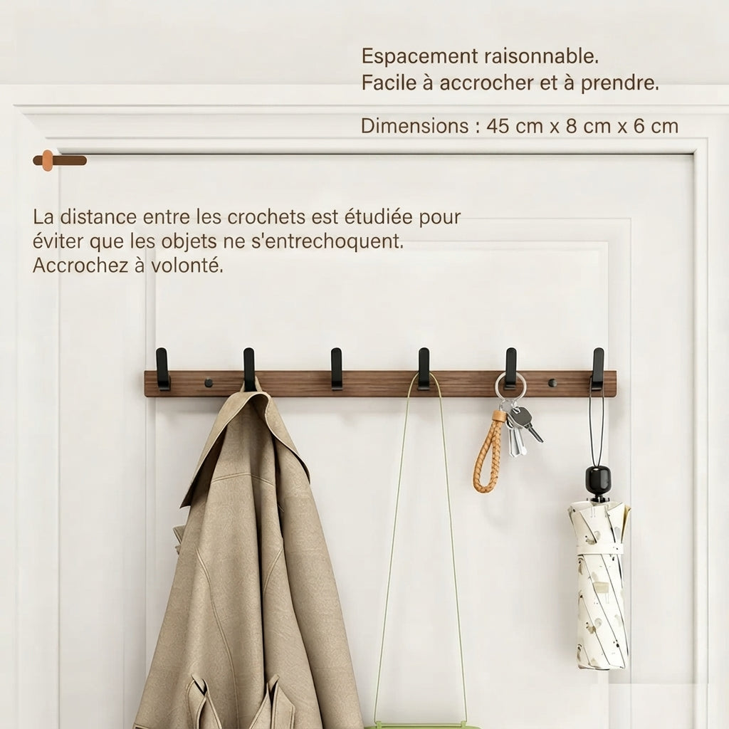 Porte manteau mural en bois marron crochets en métal noir