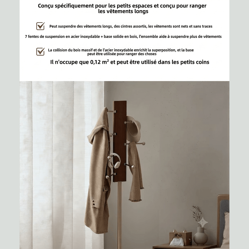 Space-saving solid oak and steel coat rack in bedroom corner for long garments