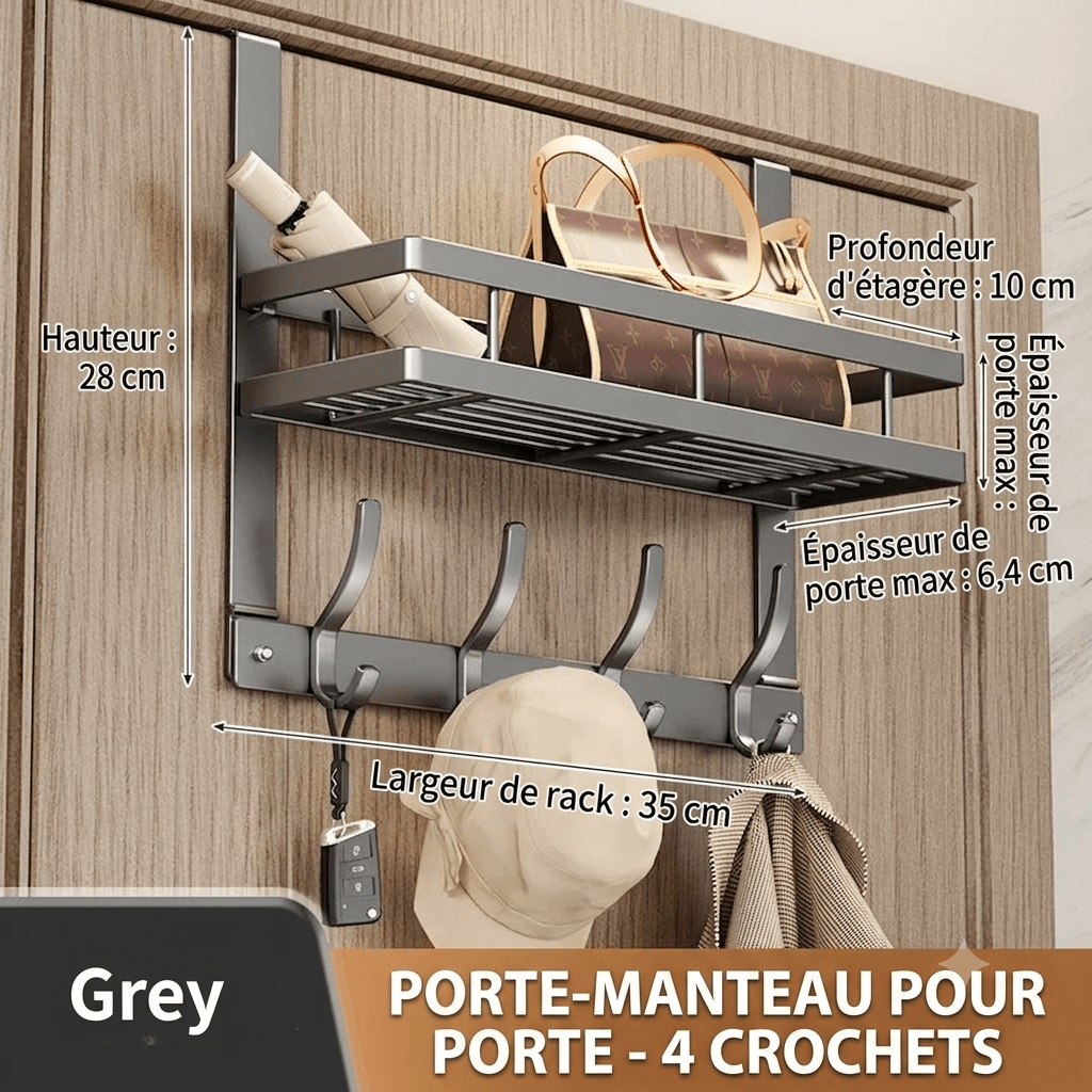 Grey metal door-mounted coat rack with two-tier shelf and 4 hooks for storage