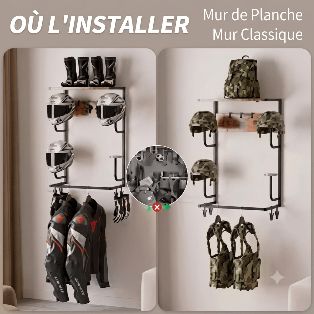 Industrial motorcycle helmet rack with wood shelf and hooks for boots, jackets, and gloves