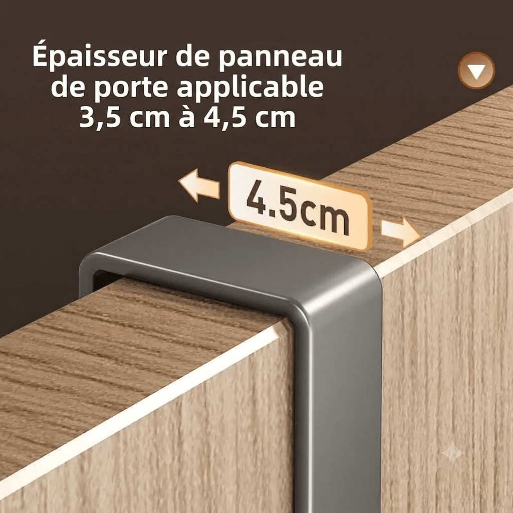 Close-up of grey metal door clamp mechanism fitting 3.5 to 4.5 cm thick doors